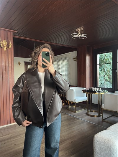 Kahverengi Oversize Şal Yaka Deri Ceket