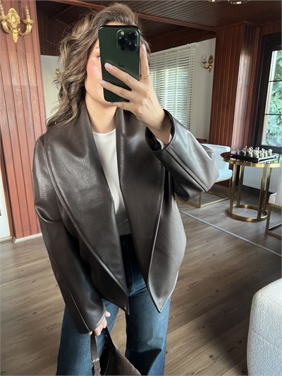 Kahverengi Oversize Şal Yaka Deri Ceket