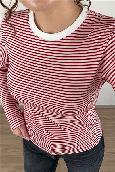 Kırmızı Çizgili Uzun Kol T-Shirt
