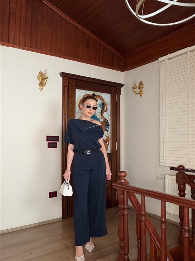 LACİVERT BLUZ VE PALAZZO PANTOLON TAKIM