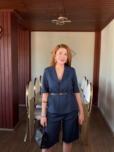 LACİVERT KEMER DETAYLI KETEN TAKIM