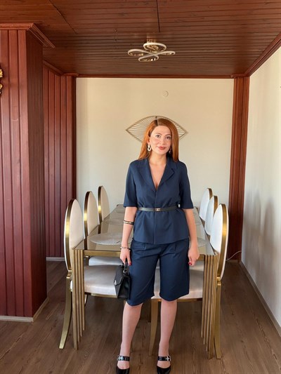 LACİVERT KEMER DETAYLI KETEN TAKIM