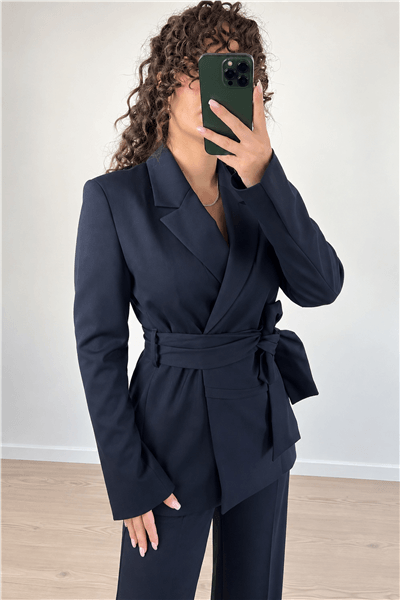 Lacivert Kuşak Detaylı Blazer Ceket Pantolon Takım