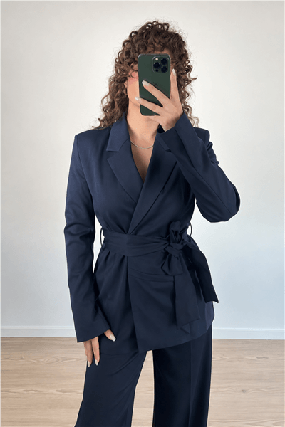Lacivert Kuşak Detaylı Blazer Ceket Pantolon Takım