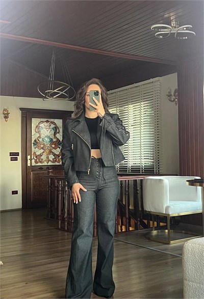 Siyah Non Denim Kuşgözü Detaylı Ceket Pantolon Takım