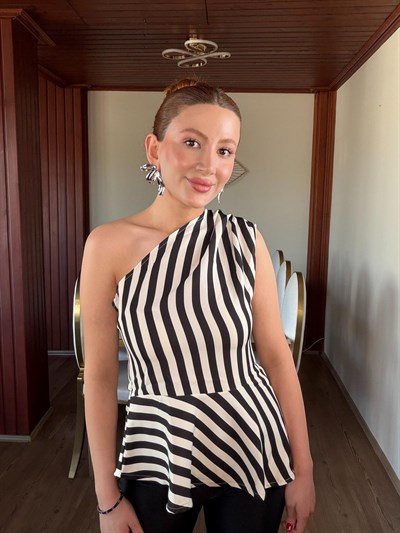 TEK OMUZ ÇİZGİLİ PEPLUM BLUZ