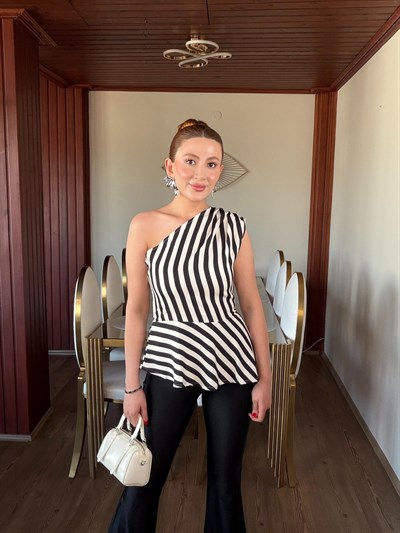 TEK OMUZ ÇİZGİLİ PEPLUM BLUZ