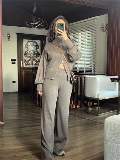 Vizon Dik Yaka Çift Fermuarlı Triko Hırka Pantolon Takım