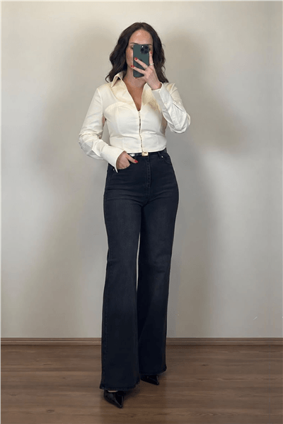 Yüksek Bel Antrasit Wide-Leg Jean Pantolon