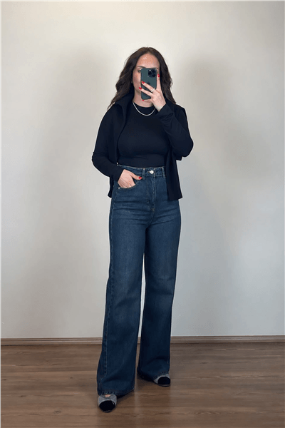Yüksek Bel Koyu Mavi Wide-Leg Jean Pantolon