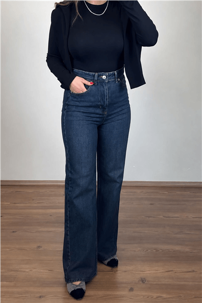 Yüksek Bel Koyu Mavi Wide-Leg Jean Pantolon