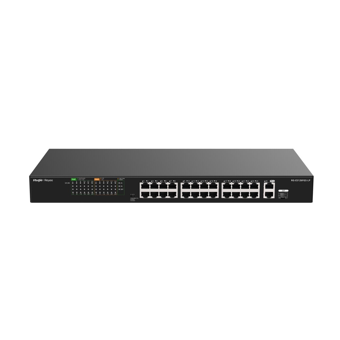 RUIJIE REYEE RG-ES126FGS-LP 24 PORT 10/100 24 PORT POE 2 PORT UPLINK + 1 SFP 180 WATT YONETILEMEZ RACK MOUNT SWITCH