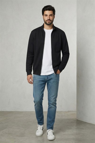 Erkek Relax Kesim Slim Fit Pamuklu Tam Fermuarlı Çift Cepli Dik Yaka Mevsimlik Siyah Sweatshirt