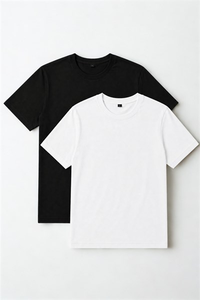 Erkek Slim Fit Bisiklet Yaka %100 Pamuk Dar Kesim Beyaz - Siyah Basic Tişört