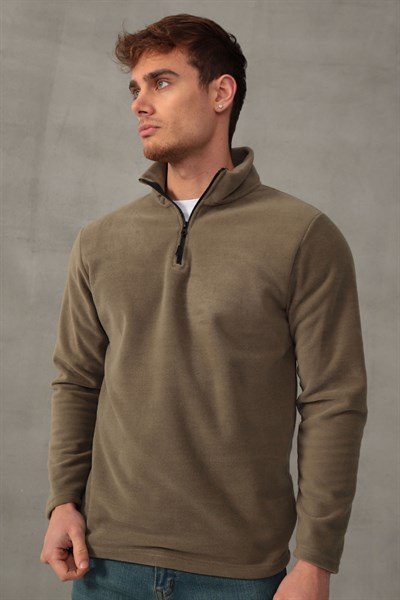 Erkek Standart Fit Rahat Kesim Tüylenme Yapmayan Soğuk Geçirmez Dik Yaka Polar Haki Sweatshirt