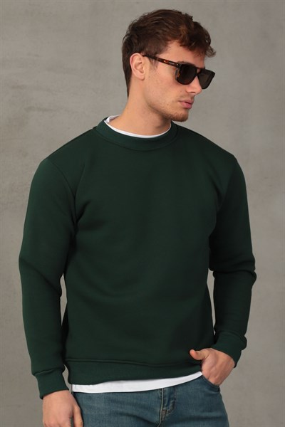 Unisex Relax Fit Rahat Kesim Pamuklu Yumuşak Dokulu İçi Polarlı Basic Yeşil Bisiklet Yaka Sweatshirt