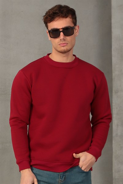 Unisex Relax Fit Rahat Kesim Pamuklu Yumuşak Dokulu İçi Polarlı Basic Bordo Bisiklet Yaka Sweatshirt