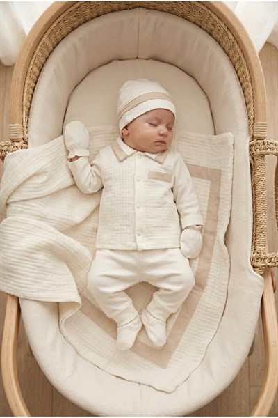 ERKEK BEBEK %100 PAMUK 5'Lİ BATTANİYELİ MÜSLİN SET YENİDOĞAN HASTANE ÇIKIŞI ZIBIN SETİ KUTULU