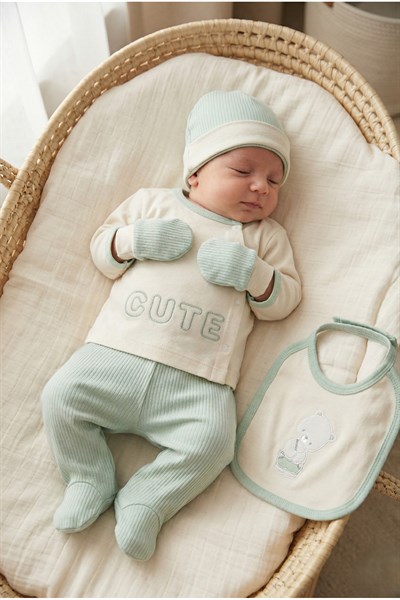 ERKEK BEBEK CUTE BEAR %100 PAMUK 0-3 AY 5'Lİ YENİDOĞAN HASTANE ÇIKIŞI ZIBIN SETİ