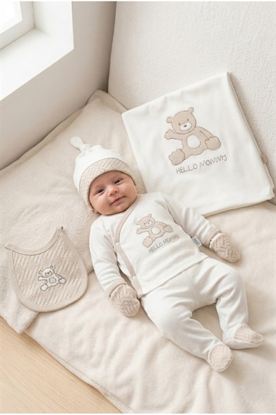 ERKEK BEBEK HELLO MOMMY NAKIŞLI AYICIKLI 0-3 AY 10'LU YENİDOĞAN HASTANE ÇIKIŞI ZIBIN SETİ KUTULU