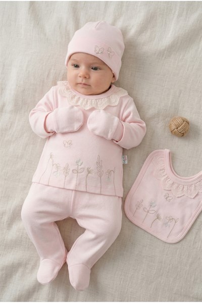 KIZ BEBEK DANTELLİ ÇİÇEK NAKIŞLI %100 PAMUK 0-3 AY 5'Lİ YENİDOĞAN HASTANEÇIKIŞI ZIBIN SETİ