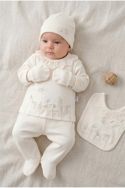 KIZ BEBEK DANTELLİ ÇİÇEK NAKIŞLI %100 PAMUK 0-3 AY 5'Lİ YENİDOĞAN HASTANEÇIKIŞI ZIBIN SETİ