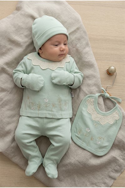 KIZ BEBEK DANTELLİ ÇİÇEK NAKIŞLI %100 PAMUK 0-3 AY 5'Lİ YENİDOĞAN HASTANEÇIKIŞI ZIBIN SETİ
