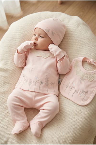 KIZ BEBEK DANTELLİ ÇİÇEK NAKIŞLI %100 PAMUK 0-3 AY 5'Lİ YENİDOĞAN HASTANEÇIKIŞI ZIBIN SETİ