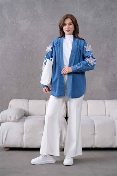 Melisa İşlemeli Kot Kimono - Mavi
