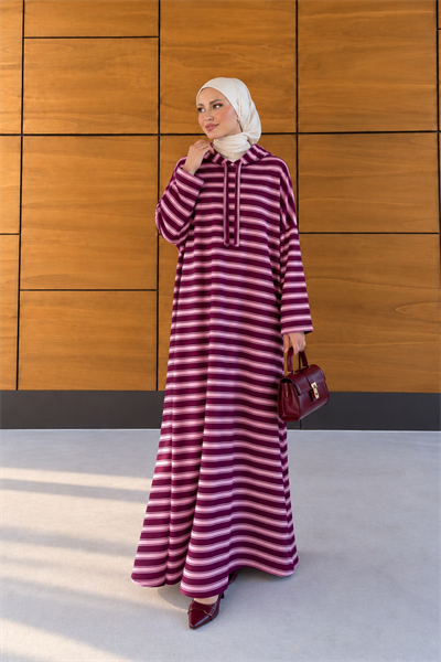 Nova Kapuşonlu Bordo Çizgili Elbise - Pembe