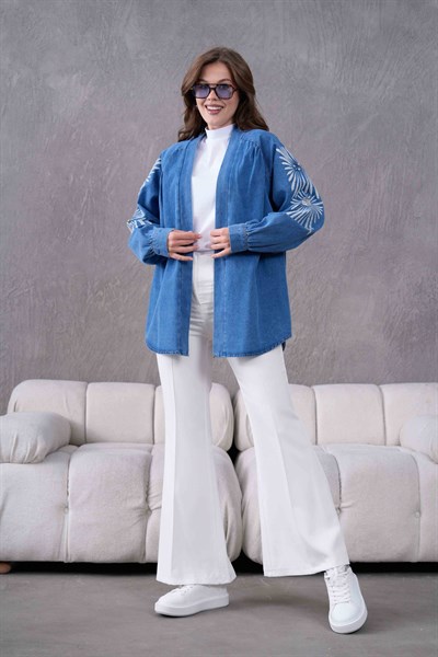 Serel İşlemeli Kot Kimono - Mavi