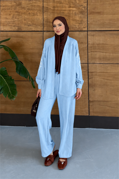 Viola İşlemeli Keten Kimono Takım - Açık Mavi