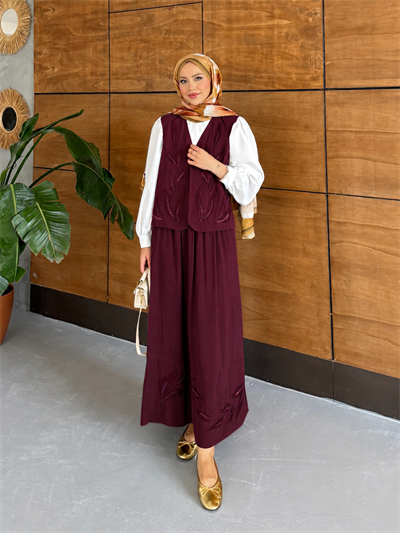 Zeyra İşlemeli Tensel Yelek Etek Takım - Bordo