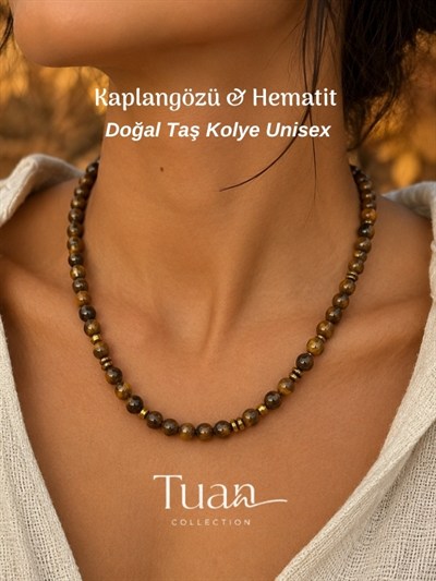 Tuan Collection Unisex Kaplan Gözü Hematit Doğal Taş Kolye Günlük Kullanım topraklanma güç ve enerji
