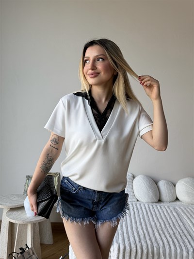 Kadın V Yaka Dantel Detaylı Bluz