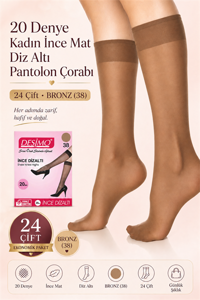 20 Denye Kadın İnce Mat Diz Altı Pantolon Çorabı – 24 Çift - Bronz (38)