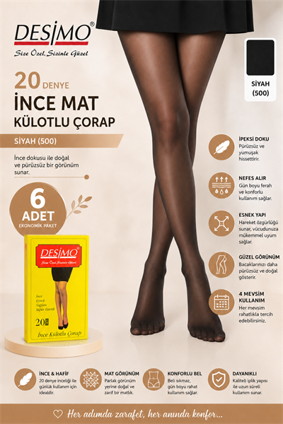 20 Denye Kadın İnce Mat Külotlu Çorap – 6 Adet - SİYAH (500)