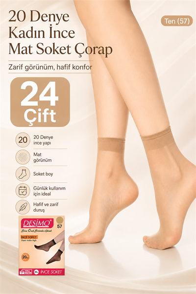 20 Denye Kadın İnce Mat Soket Çorap – 24 Çift - Ten (57)