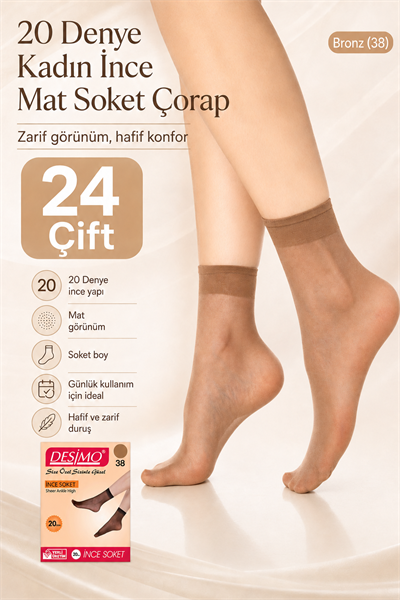 20 Denye Kadın İnce Mat Soket Çorap – 24 Çift - Bronz (38)