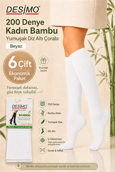 200 Denye Kadın Bambu Yumuşak Diz Altı Çorabı – 6 Çift - Beyaz (10)