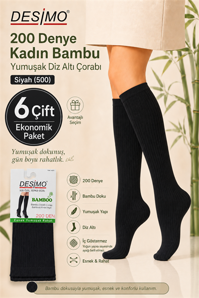 200 Denye Kadın Bambu Yumuşak Diz Altı Çorabı – 6 Çift - Siyah (500)