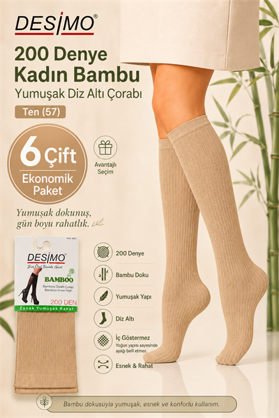 200 Denye Kadın Bambu Yumuşak Diz Altı Çorabı – 6 Çift - Ten (57)
