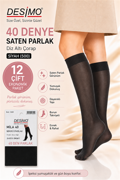 40 Denye Kadın Saten Parlak Diz Altı Pantolon Çorabı – 12 Çift -Siyah (500)
