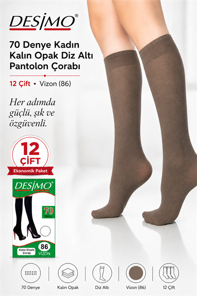 70 Denye Kadın Kalın Opak Diz Altı Pantolon Çorabı – 12 Çift - Vizon (86)