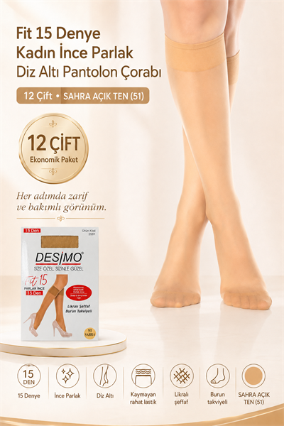 Fit 15 Denye Kadın İnce Parlak Diz Altı Pantolon Çorabı 12 Çift – Sahra Ten (51)