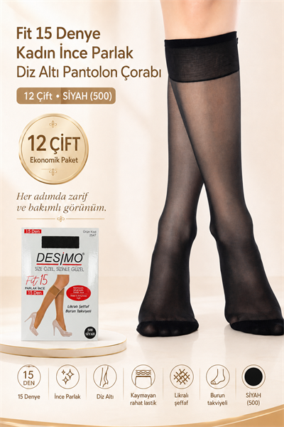 Fit 15 Denye Kadın İnce Parlak Diz Altı Pantolon Çorabı 12 Çift – Siyah (500)