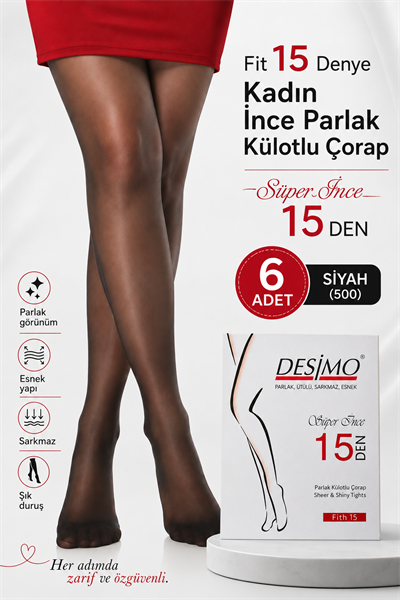 Fit 15 Denye Kadın İnce Parlak Külotlu Çorap – 6 Adet - SİYAH (500) 