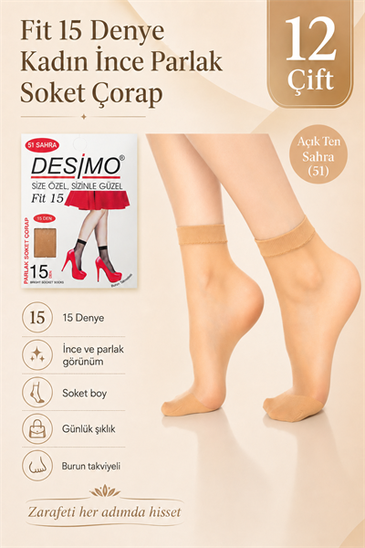 Fit 15 Denye Kadın İnce Parlak Soket Çorap – 12 Çift - Sahra Ten (51)