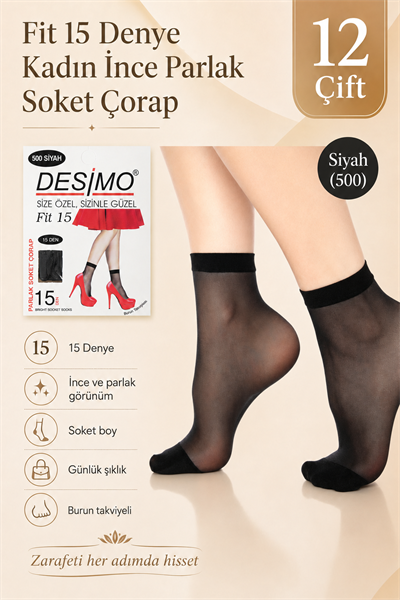 Fit 15 Denye Kadın İnce Parlak Soket Çorap – 12 Çift - Siyah (500)