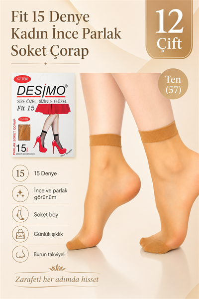 Fit 15 Denye Kadın İnce Parlak Soket Çorap – 12 Çift - Ten (57)